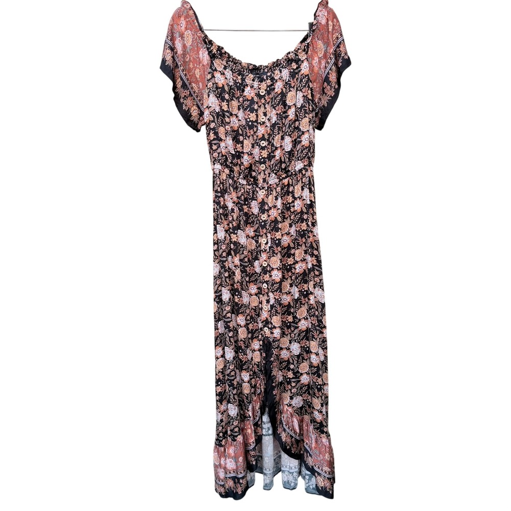 VICI Floral Boho Maxi Dress Womens XL Black Orange Ruffle Button Front Summer